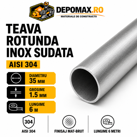 Teava rotunda inox sudata AISI 304, 35 x 1.5 mm, 6 metri